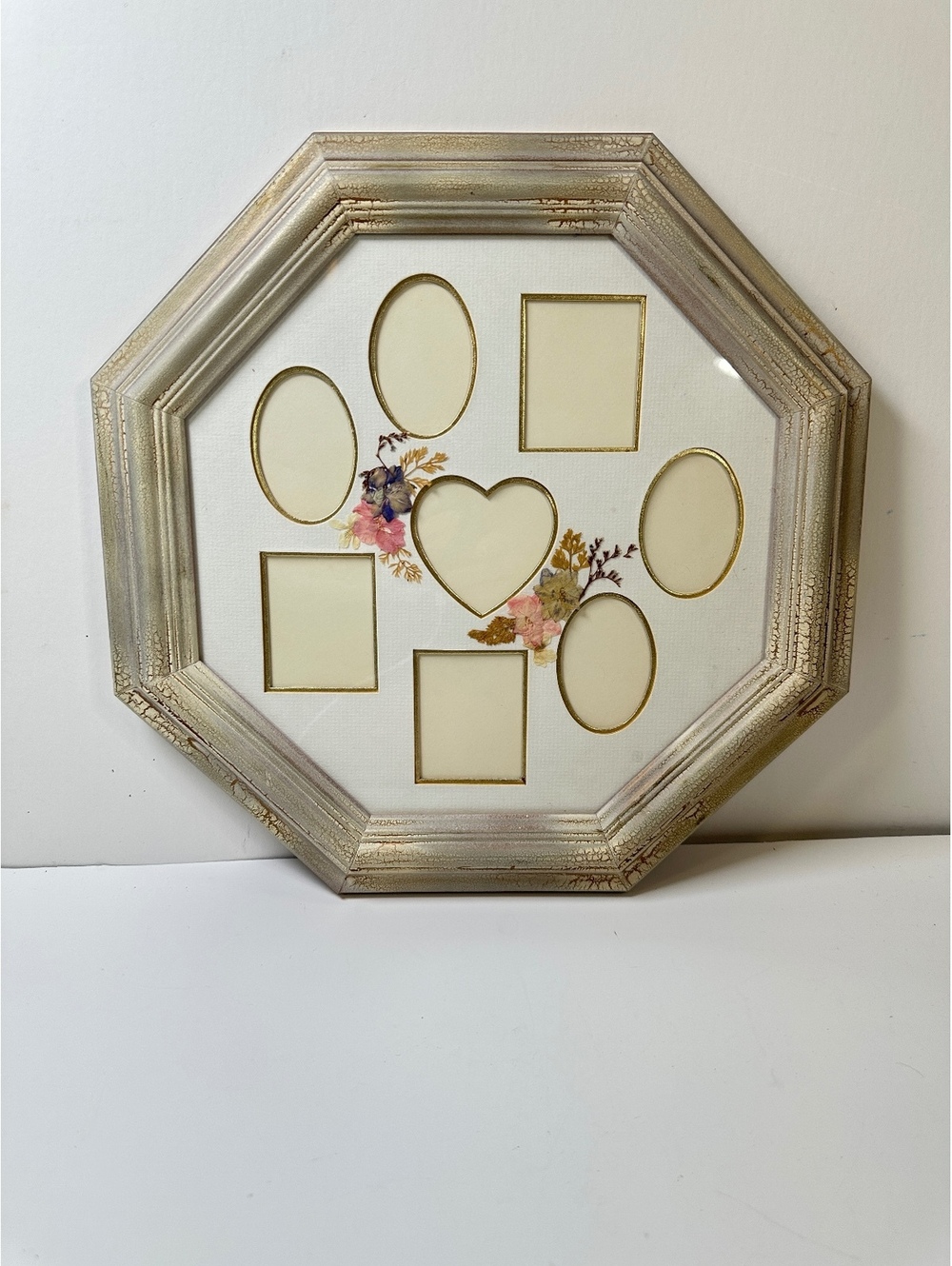 Octagonal Collage Family Picture Frame 13” Distressed Wood Frame Pressed Flowers